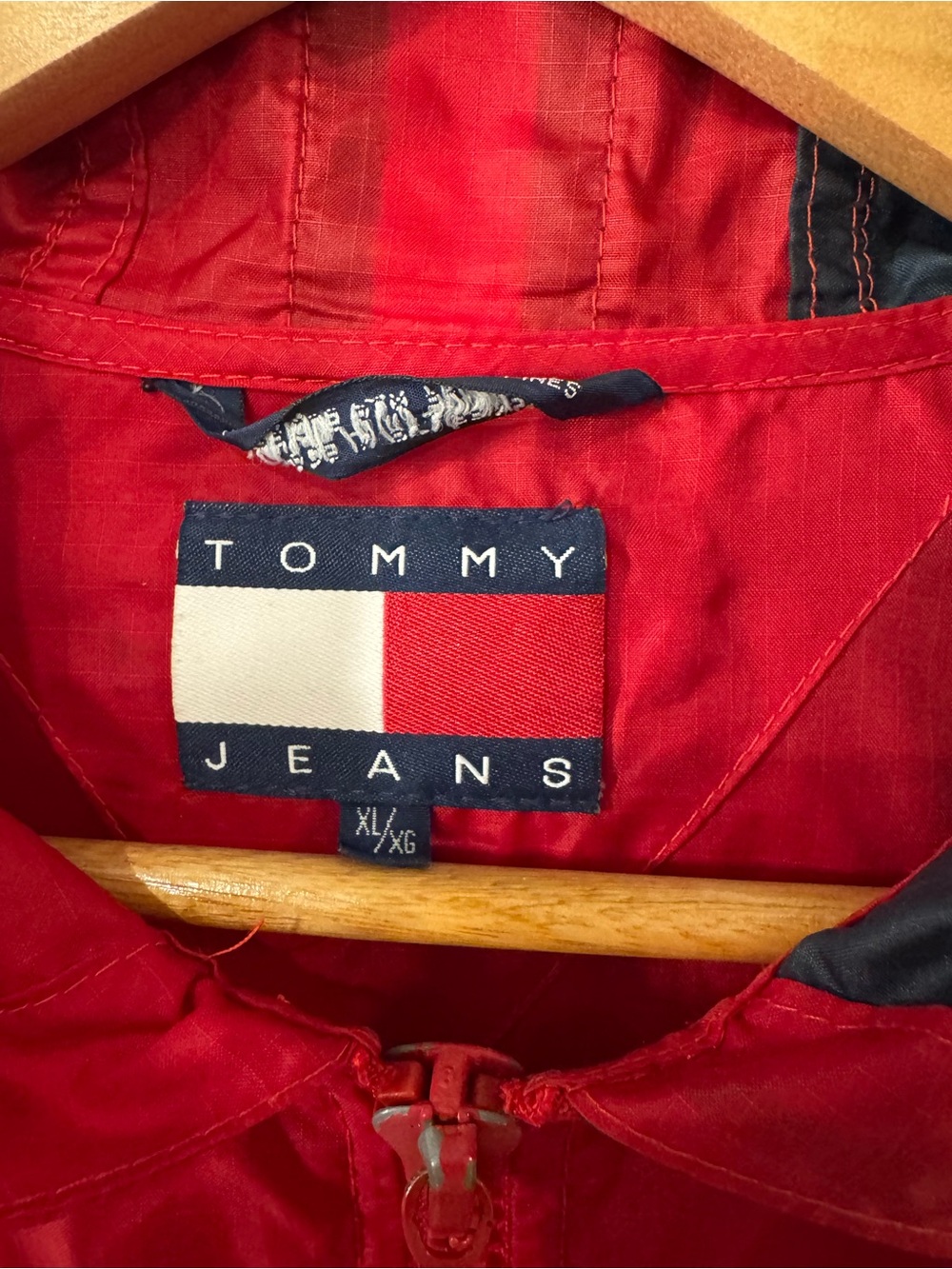 Vintage Tommy Hilfiger Red Hooded Windbreaker with Navy & White Stripes - Picture 5 of 7